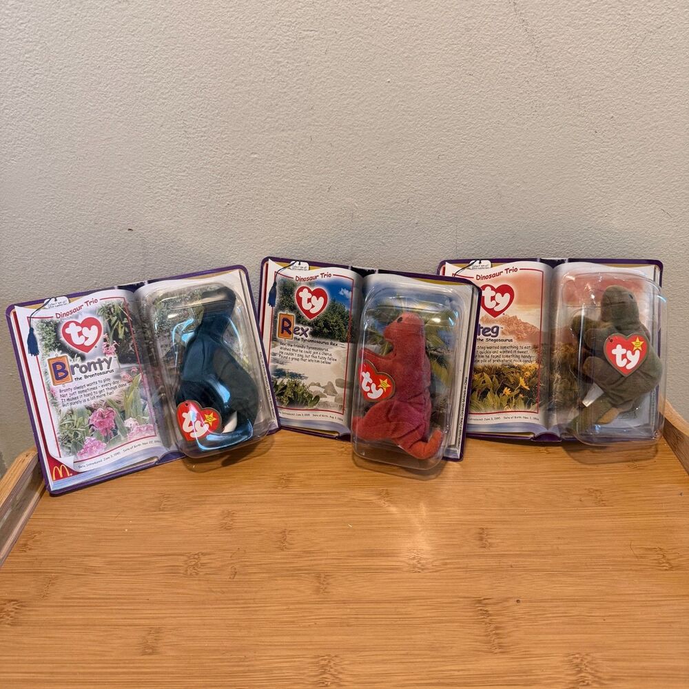 2000 McDonalds TY Dinosaur Trio Complete Set Rex Steg Bronty NIP Sealed 3